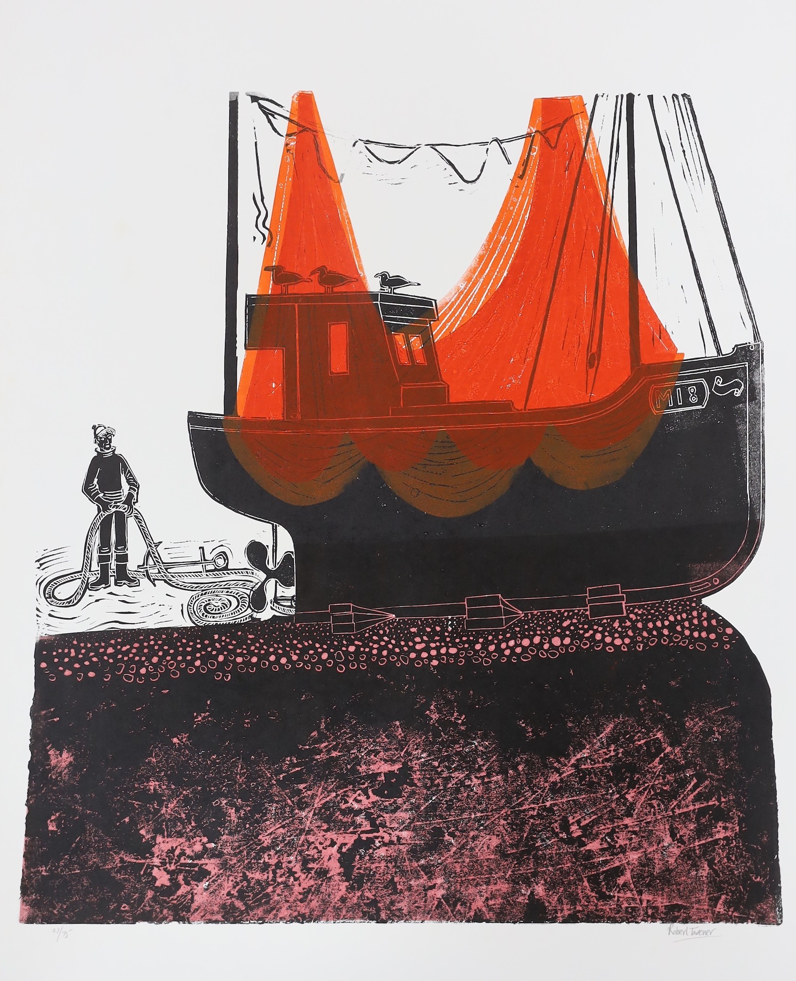 Robert Tavener, two linocuts, Sussex fishing boats, signed in pencil and numbered 23/75 and 61/75, overall 77 x 50cm and 59 x 45cm